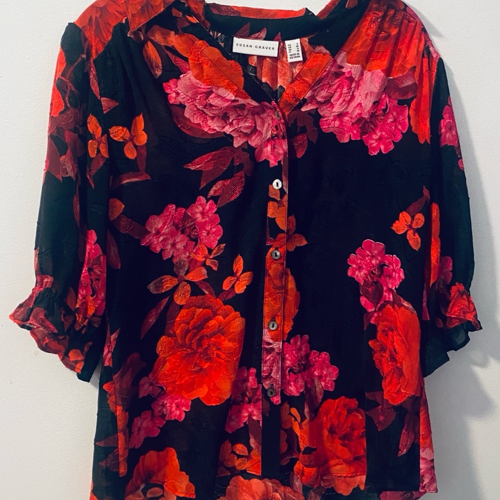 QVC Susan Graver sheer clip button front blouse